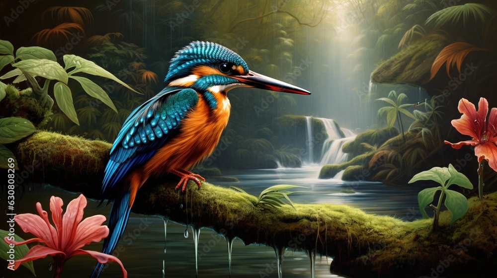 Poster a painting of a colorful bird perched on a tree branch. generative ai