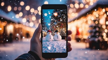 phone in man hand making photo of festive colorful Christmas tree and snowman in winter snowy city  in town hall square  - 630808200