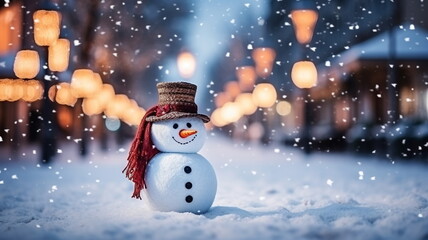 phone in man hand making photo of festive colorful Christmas tree and snowman in winter snowy city  in town hall square 