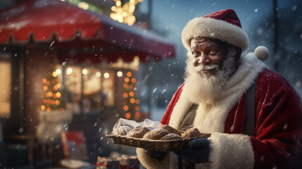A heartwarming scene of Black American Santa Claus visiting a homeless shelter, offering gifts, warm clothes, and food to those in need during the holiday season