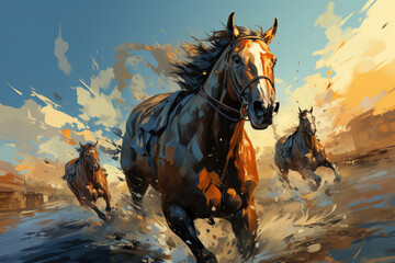 Cartoon horse race, riders compete in equestrian sport Generative AI - obrazy, fototapety, plakaty