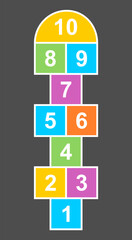 Colorful hopscotch game on a dark background. Learning numbers from one to ten. 