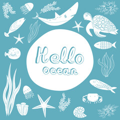 World Ocean Day. Vector set of sea animals - octopuses, crabs, fish, shellfish and the inscription - hello ocean. Vector graphics.EPS10