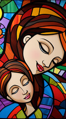 mãe e filha juntas, feliz dia das mães, pintura arte cubismo colorida 