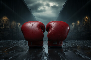 Dramatic boxing gloves poster, text room on sides Generative AI - obrazy, fototapety, plakaty