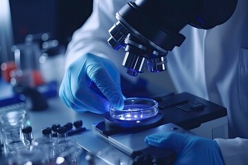 Scientist carefully carrying matured cell to another plate. Scientist wears protective mask for work in the lab experiments microscope test tubes. Male scientist working in the laboratory.