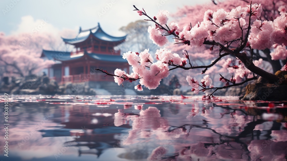 Poster a tree with pink flowers in front of a lake with a pagoda in the background. generative ai