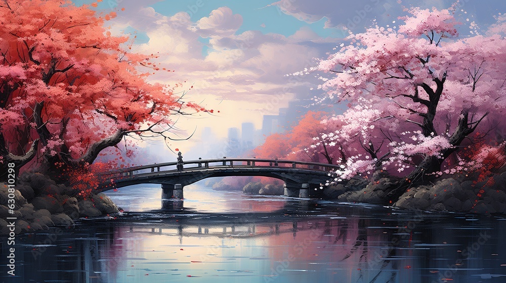 Poster a painting of a bridge over a river with trees in the background. generative ai