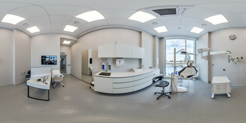 full hdri 360 panorama in surgeon orthopedist therapist cabinet dental clinic with modern equipment...