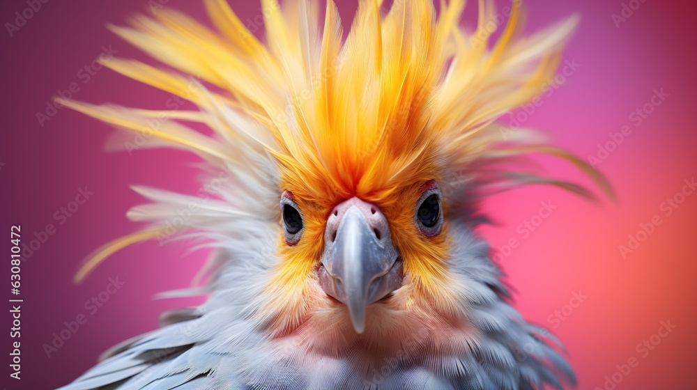 Poster a close up of a bird with a yellow and red mohawk. generative ai