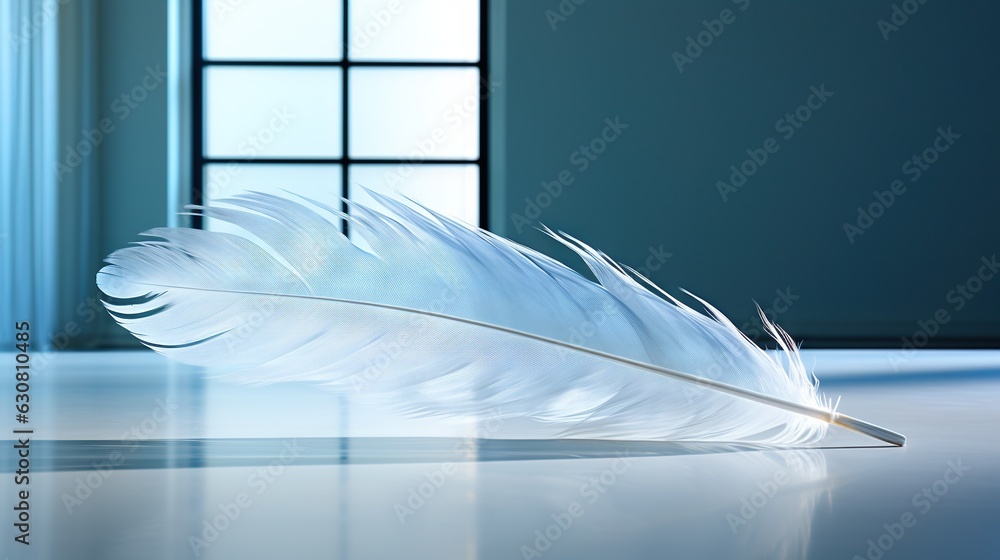 Poster a white feather resting on the floor in front of a window. generative ai