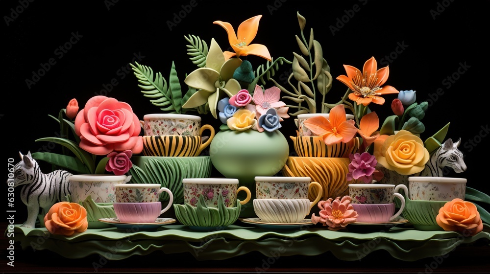 Poster a table topped with vases filled with flowers and cups. generative ai