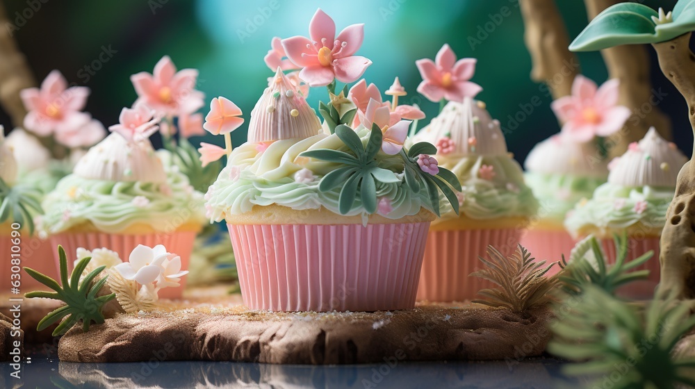 Poster cupcakes with frosting and flowers on a table. generative ai