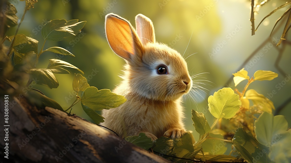 Poster a small rabbit sitting on top of a branch in a forest. generative ai