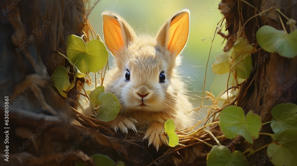 Poster a close up of a rabbit in a tree with leaves. generative ai
