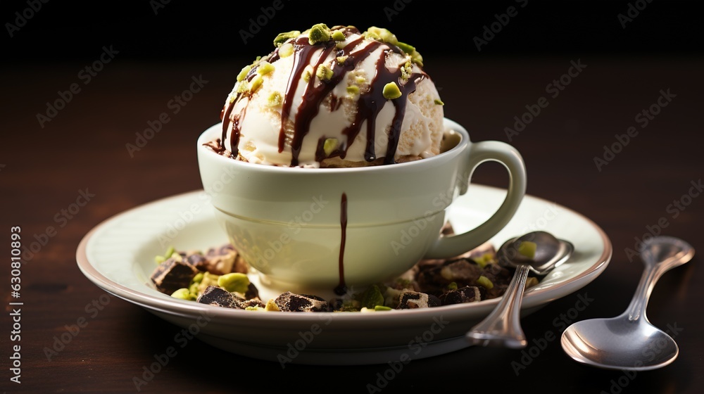 Wall mural  a bowl of ice cream with chocolate sauce and pistachio.  generative ai