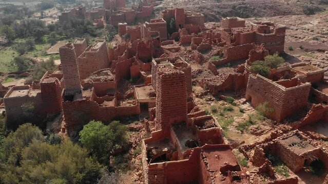 Aerial view of red stone and mud houses Sarat Abidah  Saudi Arabia