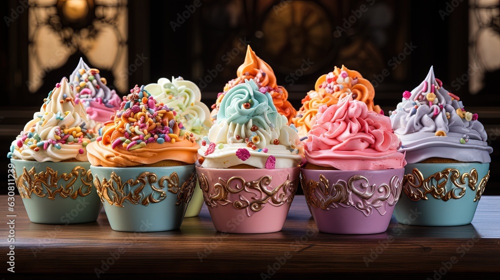 Poster a row of cupcakes with different colored frosting. generative ai