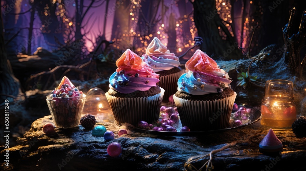 Poster a table topped with three cupcakes covered in frosting. generative ai