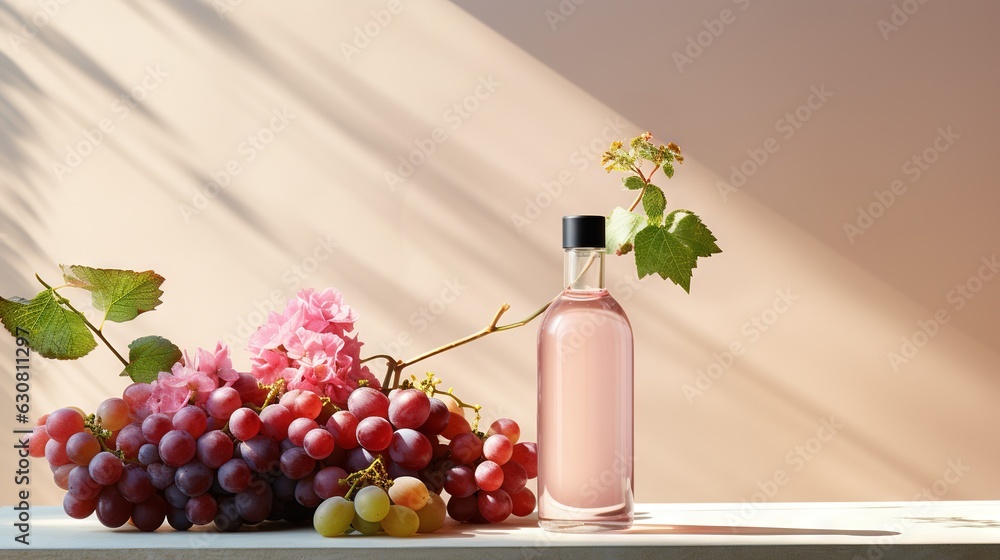 Poster a bottle of wine and a bunch of grapes on a table. generative ai
