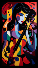 mulher tocando violino arte cubismo pintura colorida