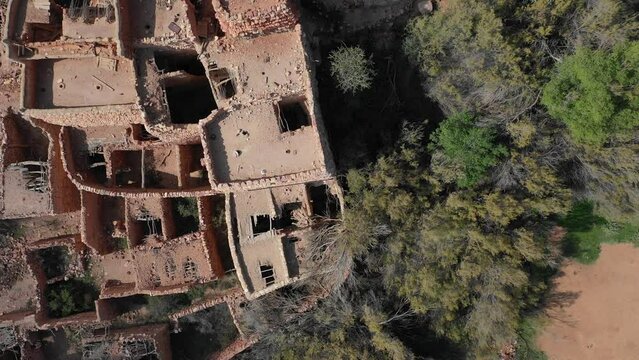 Aerial view of red stone and mud houses Sarat Abidah  Saudi Arabia