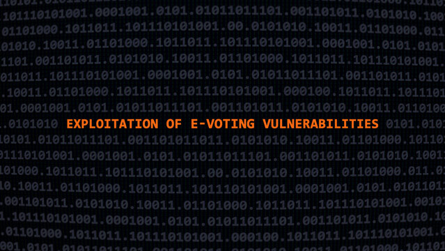 Cyber attack exploitation of e-voting vulnerabilities. Vulnerability text in binary system ascii art style, code on editor screen. Text in English, English text