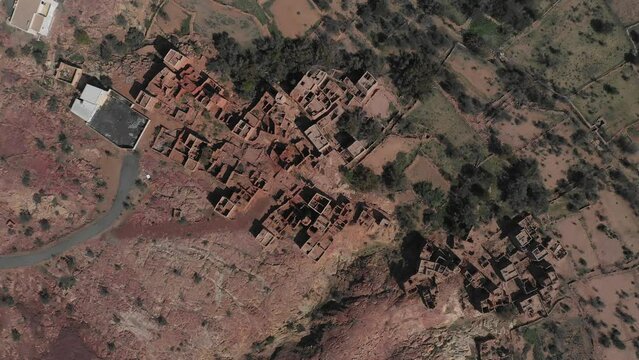 Aerial view of red stone and mud houses Sarat Abidah  Saudi Arabia