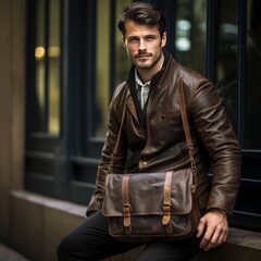 Closeup of caucasian man with brown leather messenger bag