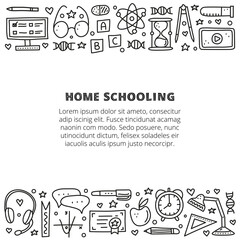 Poster with lettering and doodle education, e-learning icons.