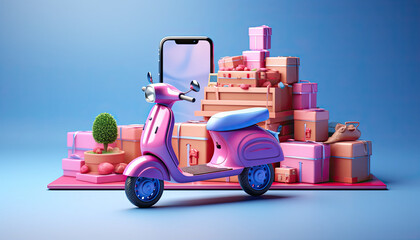 3D rendering of Fast delivery by mobile scooter.Ecommerce Concept Online Food Ordering Infographic.generative ai