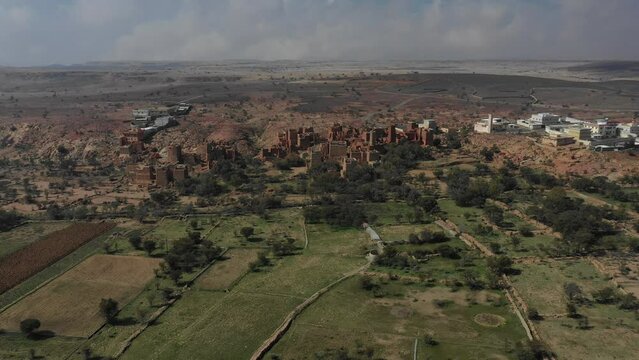 Aerial view of red stone and mud houses Sarat Abidah  Saudi Arabia