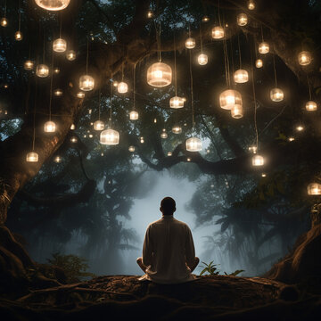 A Man Sitting In A Meditation Position Under A Tree With Lanterns Hanging From The Branches