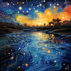 Colorful night sky reflection over water. Abstract galaxy landscape painting. Impressionist starry night.