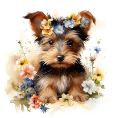 Watercolor illustration with cute puppy and flowers, isolated on white background
