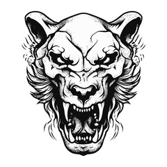Roaring Undead King: Black and White Hand-Drawn Zombie Lion Skull Outline - Flash Tattoo and Coloring Page Vector Art