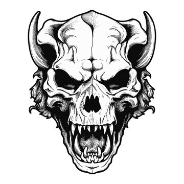 Spooky Zombie Lion: Hand-Drawn BW Skull Flash Tattoo - Creepy Coloring Page and Doodle Art in Vector, Transparent Background