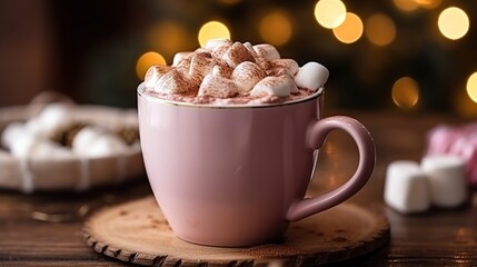 Obraz na płótnie Canvas Hot chocolate drink with marshmallows. Fir cones, spices in the background. the feeling of Christmas. Generative AI