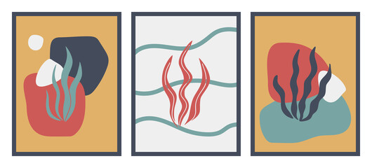 Abstract modern posters in Matisse style. Contemporary print with nature-inspired, irregular cutouts shapes. Retro wall decor paintings with floral, seaweed, chaotic lines. Vector illustration
