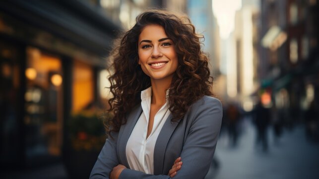 Young smiling professional business caucasian woman standing outdoor on street arms crossed and looking at camera