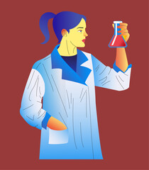 woman chemist,scientist, chemical engineer, smart girl in a medical gown, a conical flask with a chemical substance liquid in her hand,chemical biology, analytical