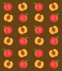 Bright juicy whole and cut peaches bright pattern on brown background. Can be used for postcards, menu, textile, printing products or covers