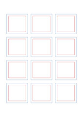 Isolated simple notebook page for a storyboard or notes, 3 columns and 4 rows, blue and red squares.
