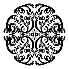 Isolated round shape containing a swirl ornamental motif. Elegant black-and-white design element, gentle regular perfect strokes.
