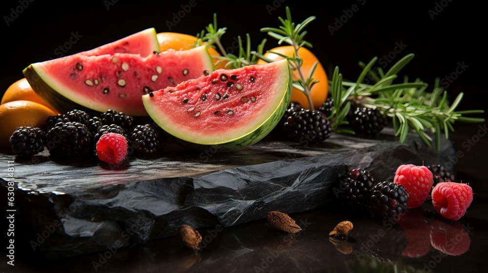 Poster a table topped with fruits and vegetables on top of a table. generative ai