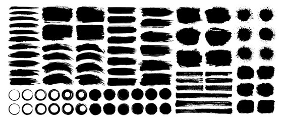Black ink paint brush stroke, grungy line, frame, watercolor splash and splatter set on white background. Freehand grunge texture, dirty brush or circle art. Social media vector decoration ornament.