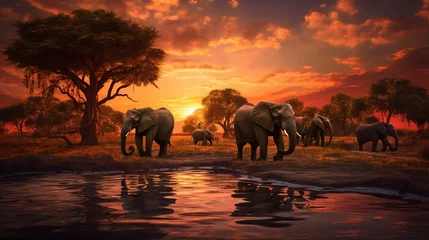 Photo sur Plexiglas Chocolat brun  a group of elephants walking across a field near a body of water.  generative ai