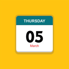 march 05 thursday icon with yellow background, calender icon