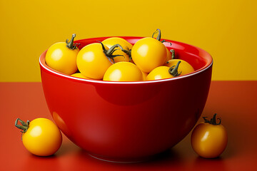 tasty and healthy yellow cherry tomatoes in a red bowl, isolated, created with generative ai