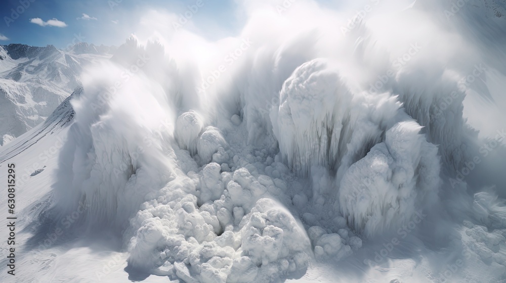Poster a very large amount of snow on a mountain side in the snow. generative ai